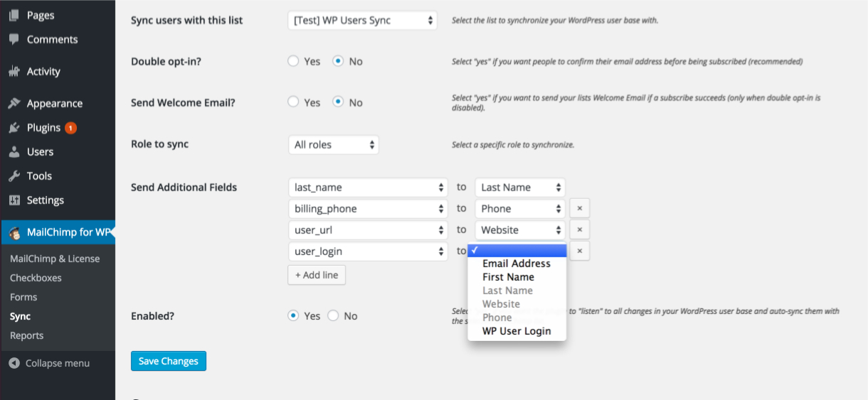 Mapping user fields to Mailchimp fields
