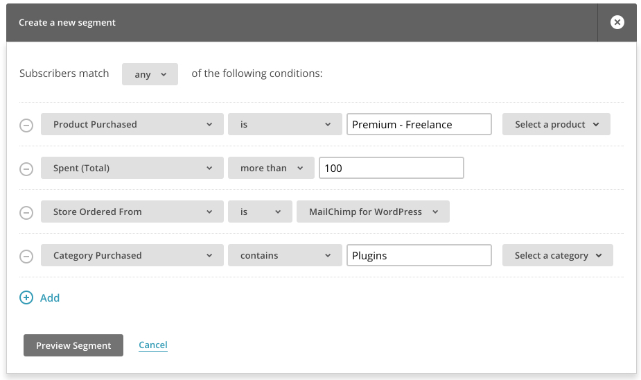 Just a sample of the available eCommerce360 segmentation rules