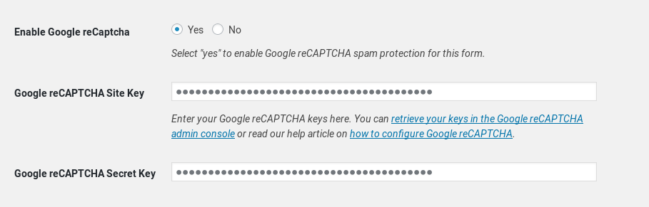 Google reCAPTCHA form settings