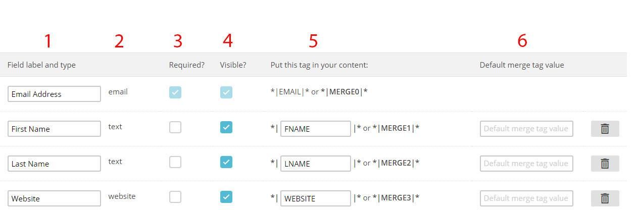 list fields and merge tags