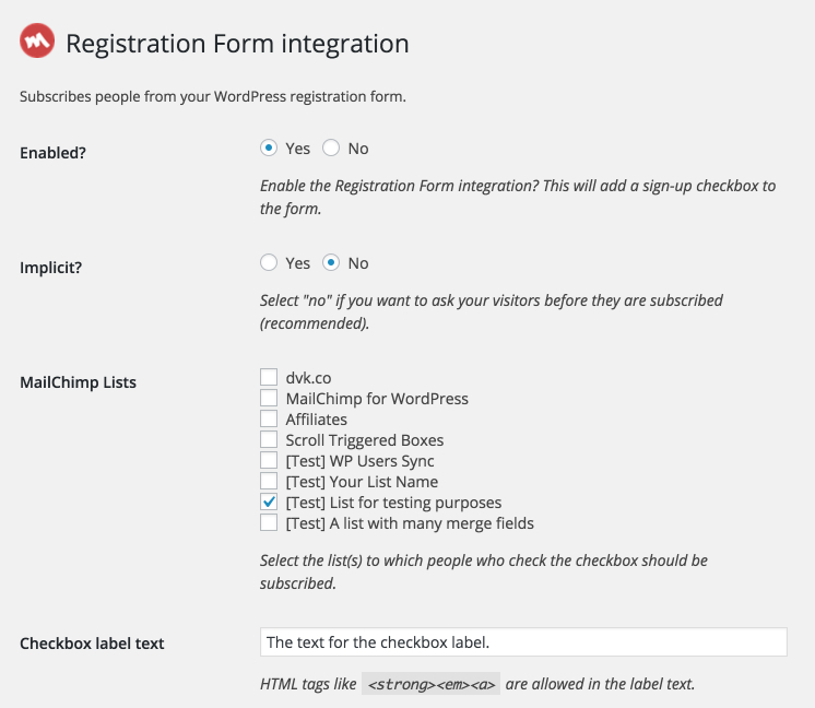 Settings for registration form integration