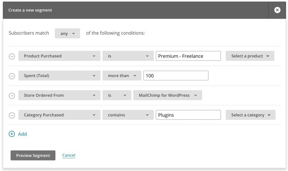 A sample of the available e-commerce segmentation rules in Mailchimp