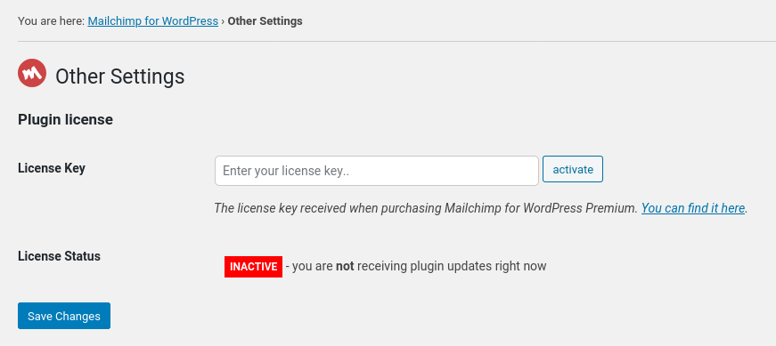 Screenshot of license settings form in Mailchimp for WordPress Premium