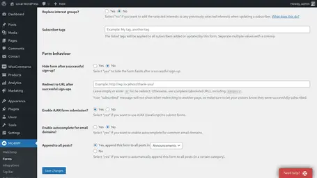 Screenshot of the setting to automatically append a form to certain posts