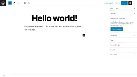 Captura de tela do botão que cria uma nova campanha no Mailchimp a partir de uma postagem do WordPress