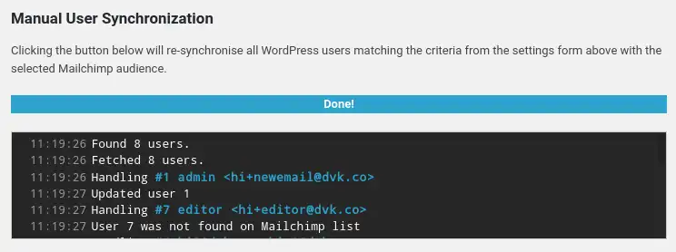 User Sync settings showing Mailchimp and WordPress field synchronization